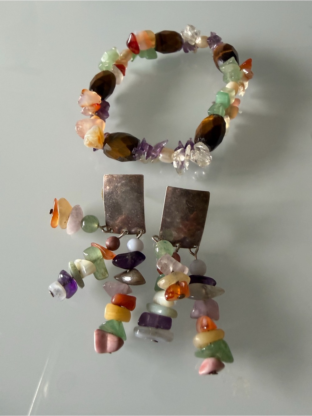 Vintage Multicolor Gemstone Stretch Bracelet and matching Drop Earrings